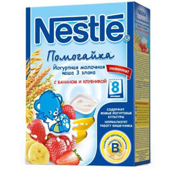 Каша йогуртная "Nestle" - "Помогайка" 3 злака с бананом и клубникой, молочная (Вес 200 гр.) ― Мой малыш