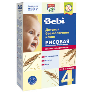 Каша "Bebi" низкоаллергенная рисовая, обогащённая пребиотиками,безмолочная (Вес 250 гр.) ― Мой малыш