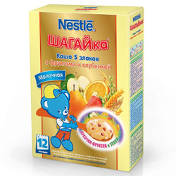 Каша "Nestle" - "ШАГАЙка" 5 злаков с фруктами и клубникой, молочная (Вес 200 гр.)  ― Мой малыш